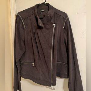 Dark gray suede Moto jacket with silver zipper accents